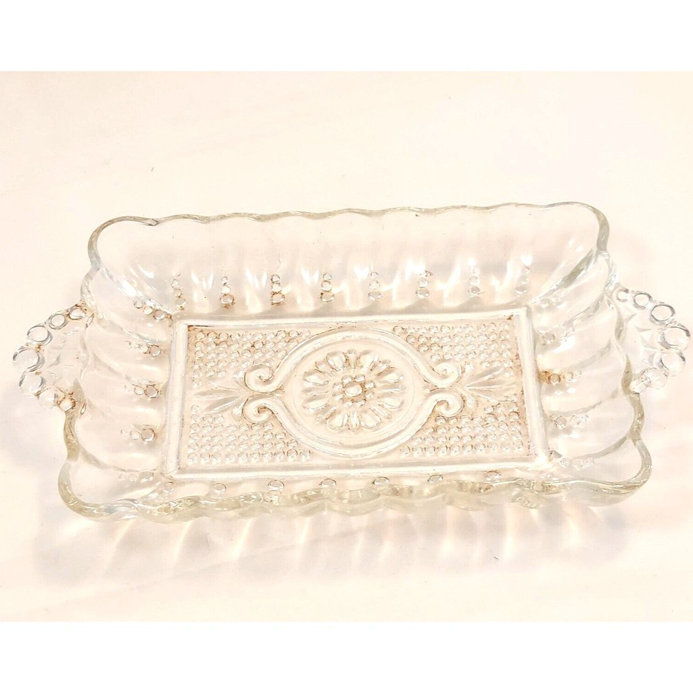 Vintage Clear Pressed Glass Oyster and Pearl Dresser Tray scalloped edges 8"
